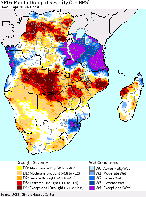 Southern Africa SPI 6-Month Drought Severity (CHIRPS) Thematic Map For 11/1/2023 - 4/30/2024