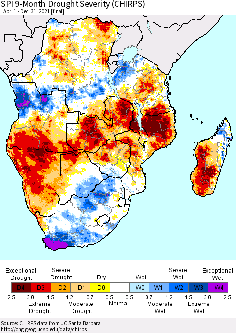Southern Africa SPI 9-Month Drought Severity (CHIRPS) Thematic Map For 4/1/2021 - 12/31/2021