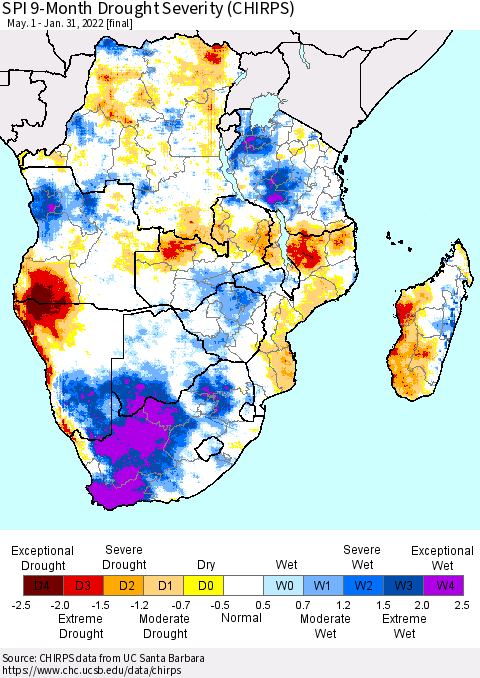Southern Africa SPI 9-Month Drought Severity (CHIRPS) Thematic Map For 5/1/2021 - 1/31/2022