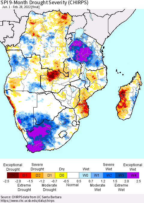 Southern Africa SPI 9-Month Drought Severity (CHIRPS) Thematic Map For 6/1/2021 - 2/28/2022