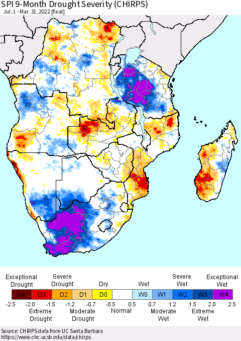 Southern Africa SPI 9-Month Drought Severity (CHIRPS) Thematic Map For 7/1/2021 - 3/31/2022