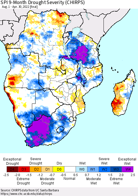 Southern Africa SPI 9-Month Drought Severity (CHIRPS) Thematic Map For 8/1/2021 - 4/30/2022