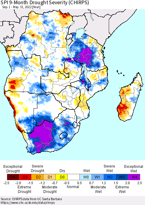 Southern Africa SPI 9-Month Drought Severity (CHIRPS) Thematic Map For 9/1/2021 - 5/31/2022