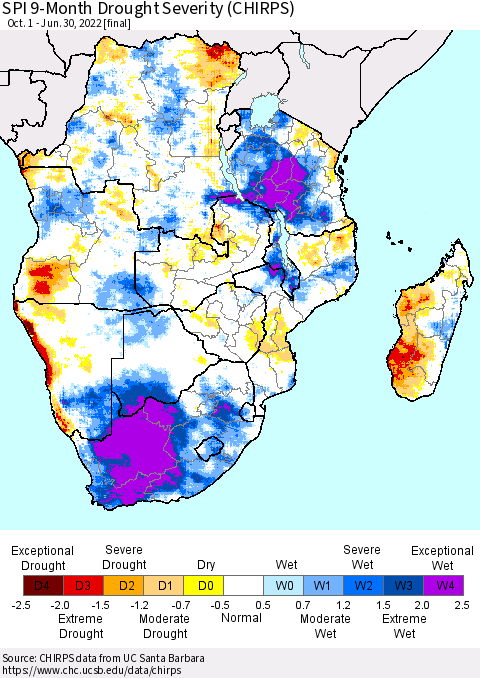 Southern Africa SPI 9-Month Drought Severity (CHIRPS) Thematic Map For 10/1/2021 - 6/30/2022