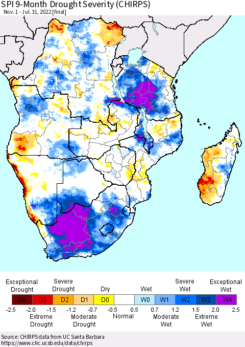 Southern Africa SPI 9-Month Drought Severity (CHIRPS) Thematic Map For 11/1/2021 - 7/31/2022