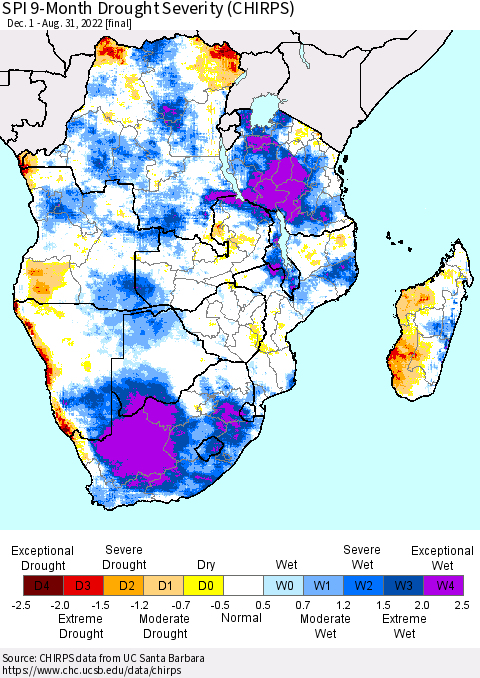 Southern Africa SPI 9-Month Drought Severity (CHIRPS) Thematic Map For 12/1/2021 - 8/31/2022