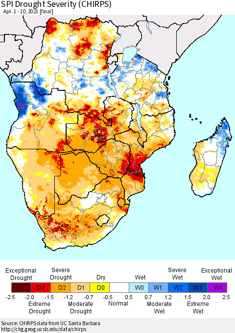 Southern Africa SPI Drought Severity (CHIRPS) Thematic Map For 4/1/2021 - 4/10/2021