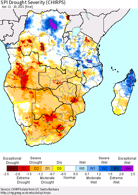 Southern Africa SPI Drought Severity (CHIRPS) Thematic Map For 4/11/2021 - 4/20/2021