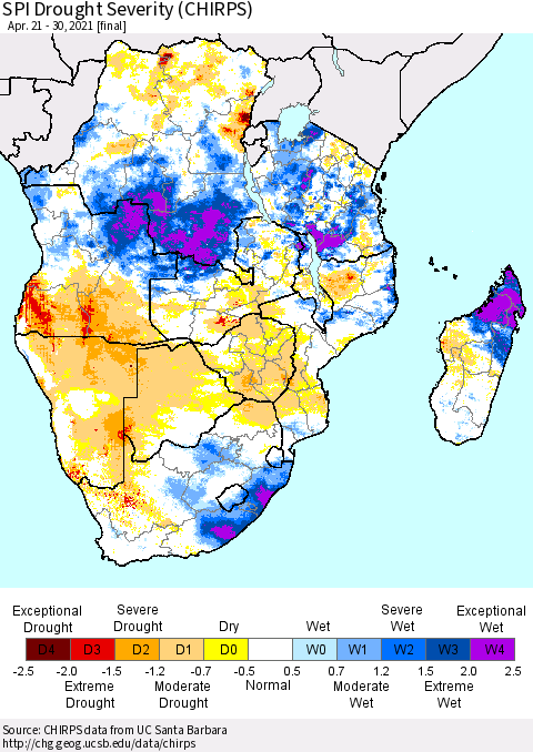 Southern Africa SPI Drought Severity (CHIRPS) Thematic Map For 4/21/2021 - 4/30/2021