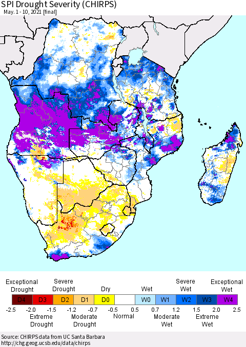 Southern Africa SPI Drought Severity (CHIRPS) Thematic Map For 5/1/2021 - 5/10/2021