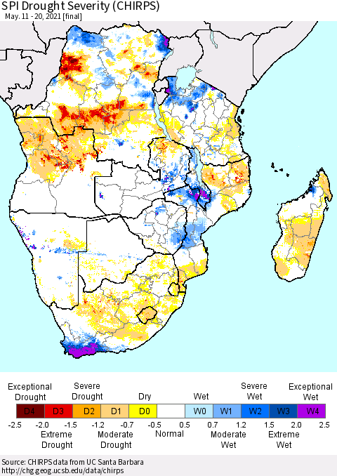 Southern Africa SPI Drought Severity (CHIRPS) Thematic Map For 5/11/2021 - 5/20/2021