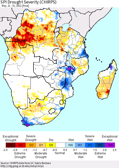 Southern Africa SPI Drought Severity (CHIRPS) Thematic Map For 5/21/2021 - 5/31/2021