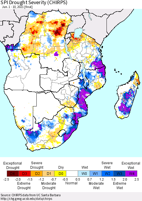 Southern Africa SPI Drought Severity (CHIRPS) Thematic Map For 6/1/2021 - 6/10/2021