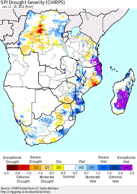 Southern Africa SPI Drought Severity (CHIRPS) Thematic Map For 6/11/2021 - 6/20/2021
