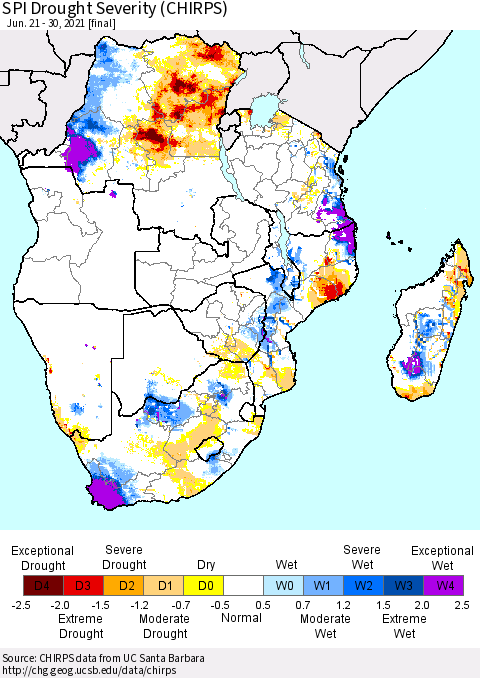 Southern Africa SPI Drought Severity (CHIRPS) Thematic Map For 6/21/2021 - 6/30/2021