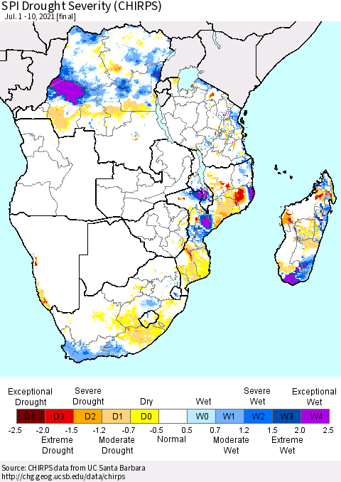 Southern Africa SPI Drought Severity (CHIRPS) Thematic Map For 7/1/2021 - 7/10/2021
