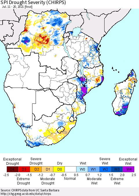 Southern Africa SPI Drought Severity (CHIRPS) Thematic Map For 7/11/2021 - 7/20/2021