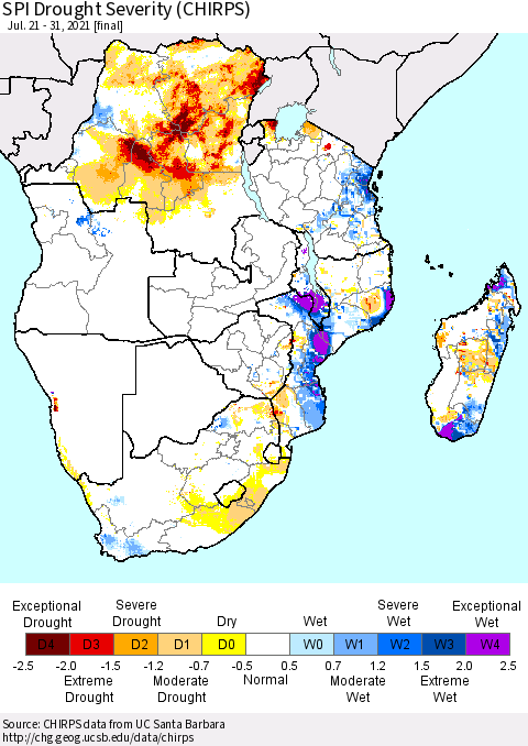 Southern Africa SPI Drought Severity (CHIRPS) Thematic Map For 7/21/2021 - 7/31/2021