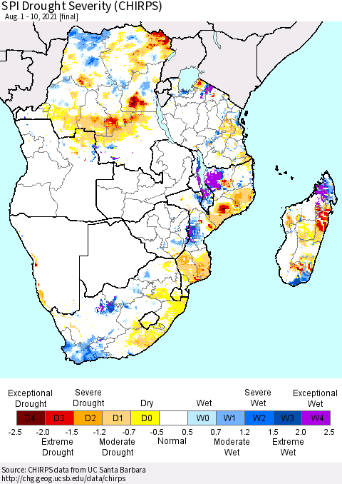 Southern Africa SPI Drought Severity (CHIRPS) Thematic Map For 8/1/2021 - 8/10/2021