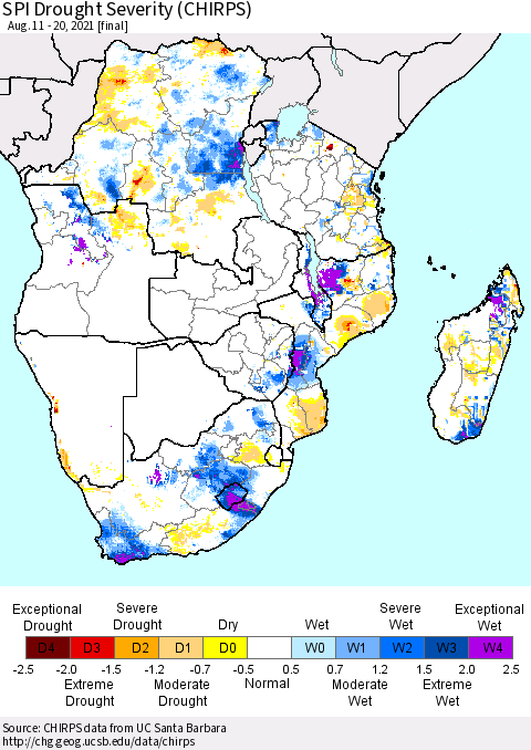 Southern Africa SPI Drought Severity (CHIRPS) Thematic Map For 8/11/2021 - 8/20/2021