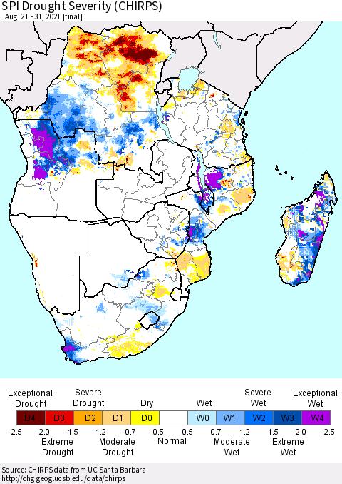 Southern Africa SPI Drought Severity (CHIRPS) Thematic Map For 8/21/2021 - 8/31/2021