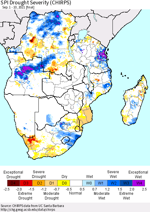 Southern Africa SPI Drought Severity (CHIRPS) Thematic Map For 9/1/2021 - 9/10/2021