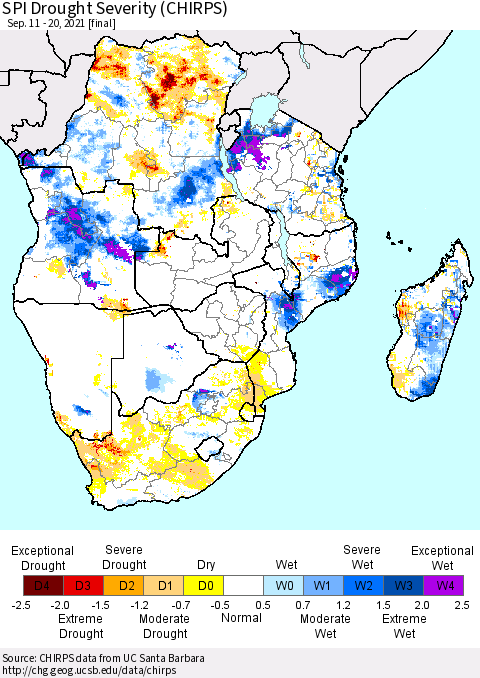 Southern Africa SPI Drought Severity (CHIRPS) Thematic Map For 9/11/2021 - 9/20/2021