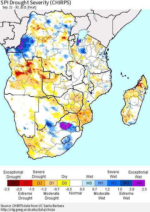 Southern Africa SPI Drought Severity (CHIRPS) Thematic Map For 9/21/2021 - 9/30/2021
