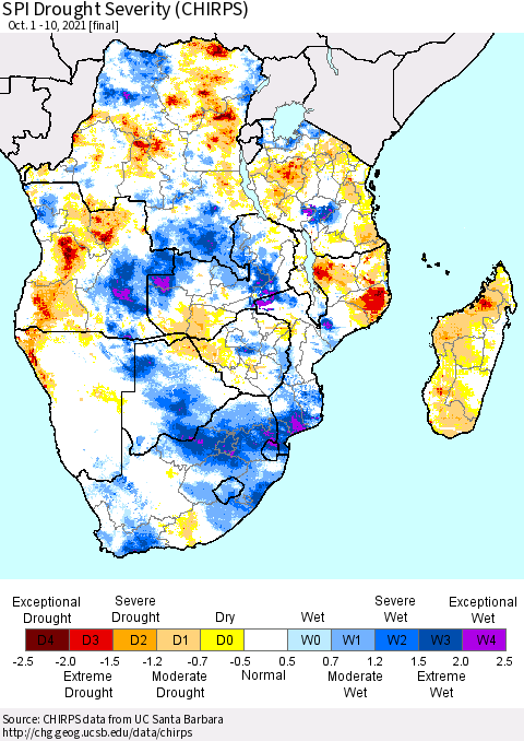 Southern Africa SPI Drought Severity (CHIRPS) Thematic Map For 10/1/2021 - 10/10/2021