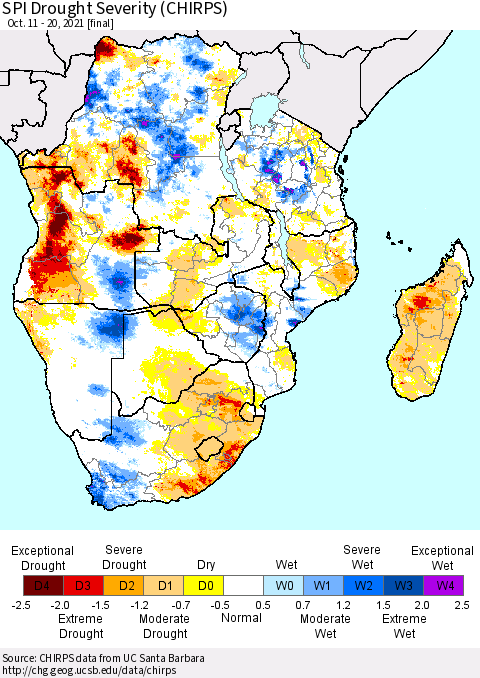 Southern Africa SPI Drought Severity (CHIRPS) Thematic Map For 10/11/2021 - 10/20/2021