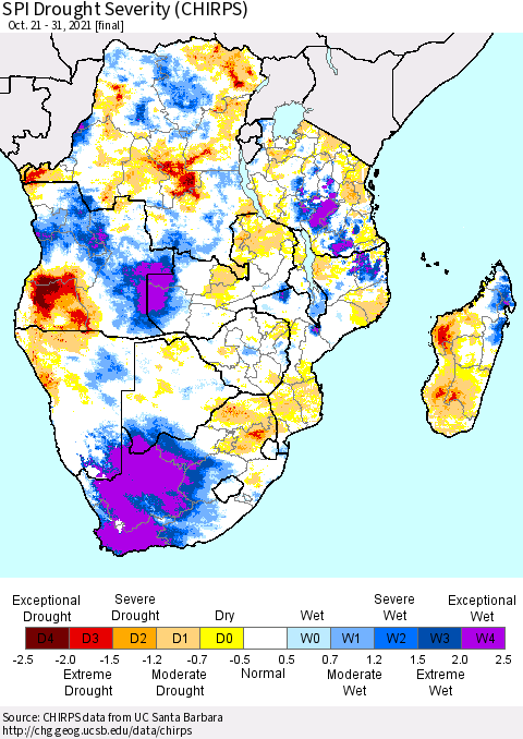 Southern Africa SPI Drought Severity (CHIRPS) Thematic Map For 10/21/2021 - 10/31/2021