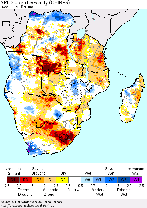 Southern Africa SPI Drought Severity (CHIRPS) Thematic Map For 11/11/2021 - 11/20/2021