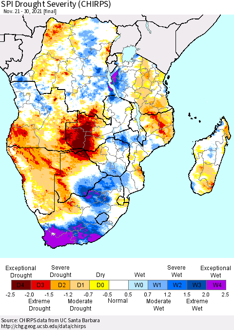 Southern Africa SPI Drought Severity (CHIRPS) Thematic Map For 11/21/2021 - 11/30/2021