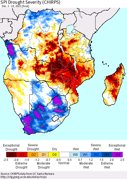 Southern Africa SPI Drought Severity (CHIRPS) Thematic Map For 12/1/2021 - 12/10/2021