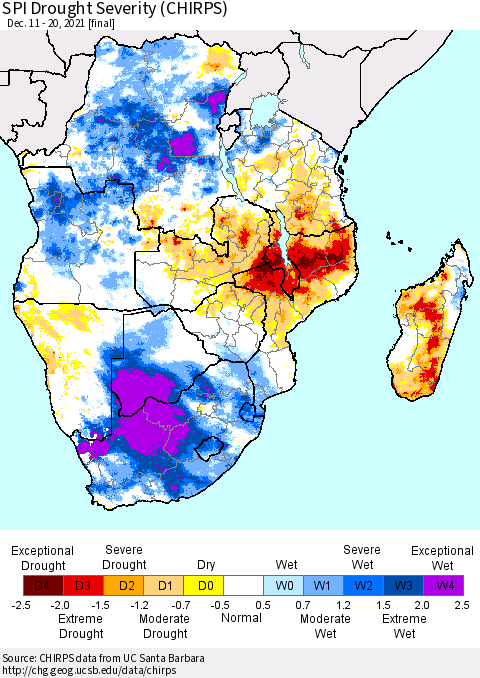 Southern Africa SPI Drought Severity (CHIRPS) Thematic Map For 12/11/2021 - 12/20/2021