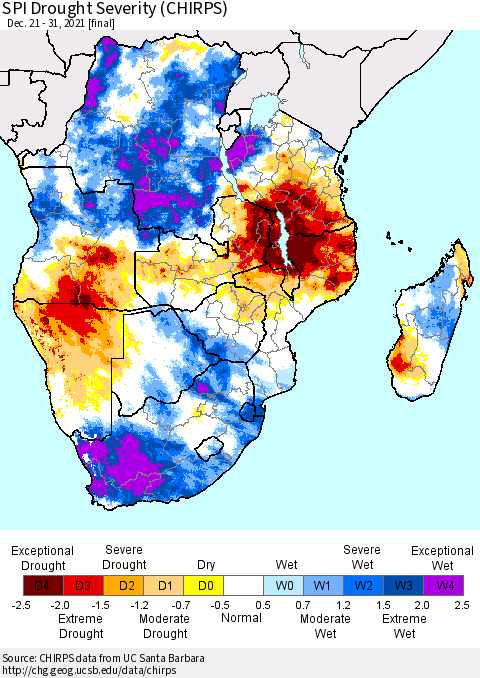 Southern Africa SPI Drought Severity (CHIRPS) Thematic Map For 12/21/2021 - 12/31/2021