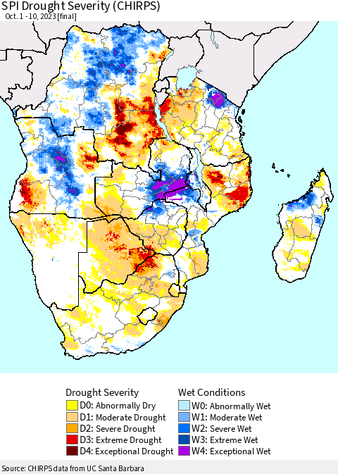 Southern Africa SPI Drought Severity (CHIRPS) Thematic Map For 10/1/2023 - 10/10/2023