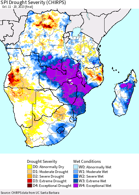Southern Africa SPI Drought Severity (CHIRPS) Thematic Map For 10/11/2023 - 10/20/2023
