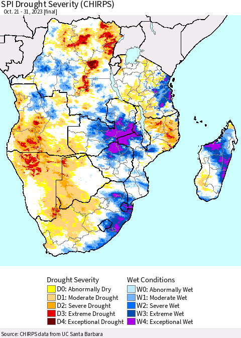 Southern Africa SPI Drought Severity (CHIRPS) Thematic Map For 10/21/2023 - 10/31/2023