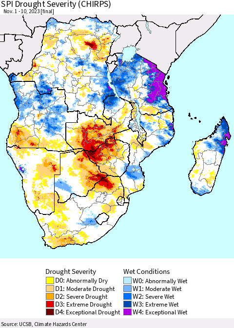 Southern Africa SPI Drought Severity (CHIRPS) Thematic Map For 11/1/2023 - 11/10/2023