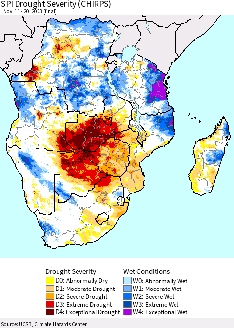 Southern Africa SPI Drought Severity (CHIRPS) Thematic Map For 11/11/2023 - 11/20/2023