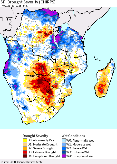 Southern Africa SPI Drought Severity (CHIRPS) Thematic Map For 11/21/2023 - 11/30/2023