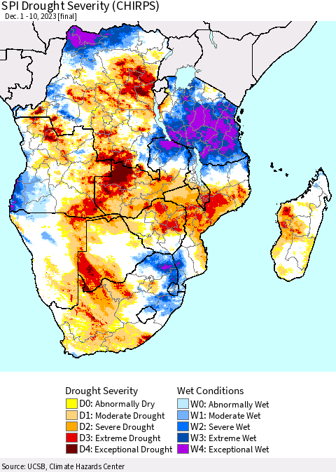 Southern Africa SPI Drought Severity (CHIRPS) Thematic Map For 12/1/2023 - 12/10/2023