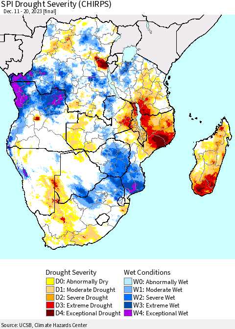Southern Africa SPI Drought Severity (CHIRPS) Thematic Map For 12/11/2023 - 12/20/2023