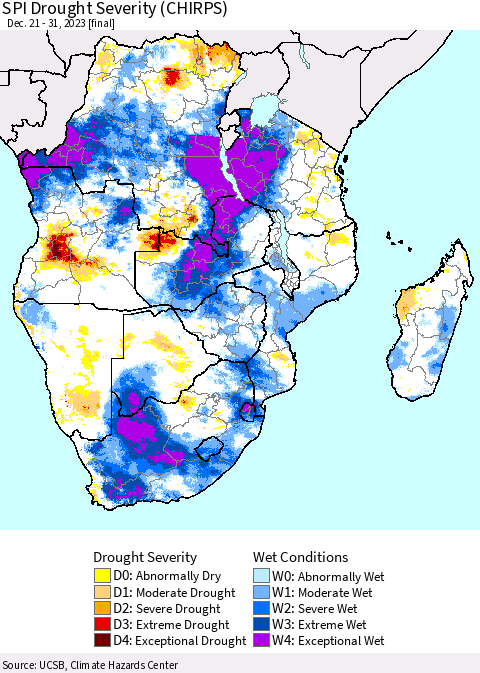 Southern Africa SPI Drought Severity (CHIRPS) Thematic Map For 12/21/2023 - 12/31/2023