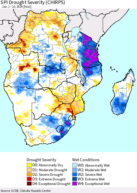 Southern Africa SPI Drought Severity (CHIRPS) Thematic Map For 1/1/2024 - 1/10/2024