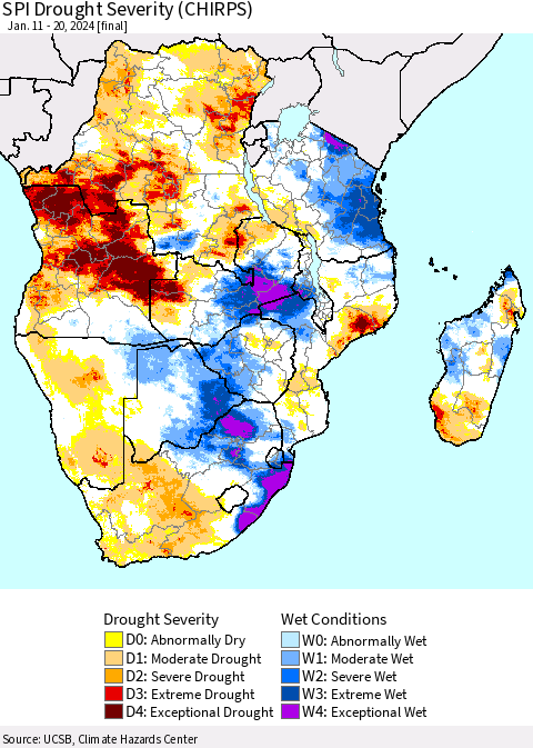 Southern Africa SPI Drought Severity (CHIRPS) Thematic Map For 1/11/2024 - 1/20/2024
