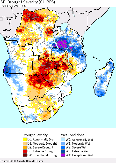 Southern Africa SPI Drought Severity (CHIRPS) Thematic Map For 2/1/2024 - 2/10/2024