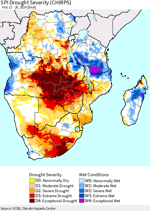 Southern Africa SPI Drought Severity (CHIRPS) Thematic Map For 2/11/2024 - 2/20/2024