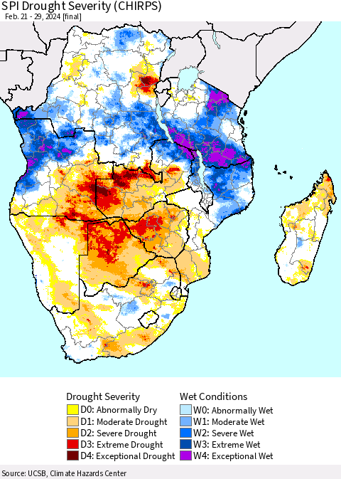 Southern Africa SPI Drought Severity (CHIRPS) Thematic Map For 2/21/2024 - 2/29/2024